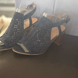 Franco Sarto Blue Heeled Sandals with Laser-Cut Design